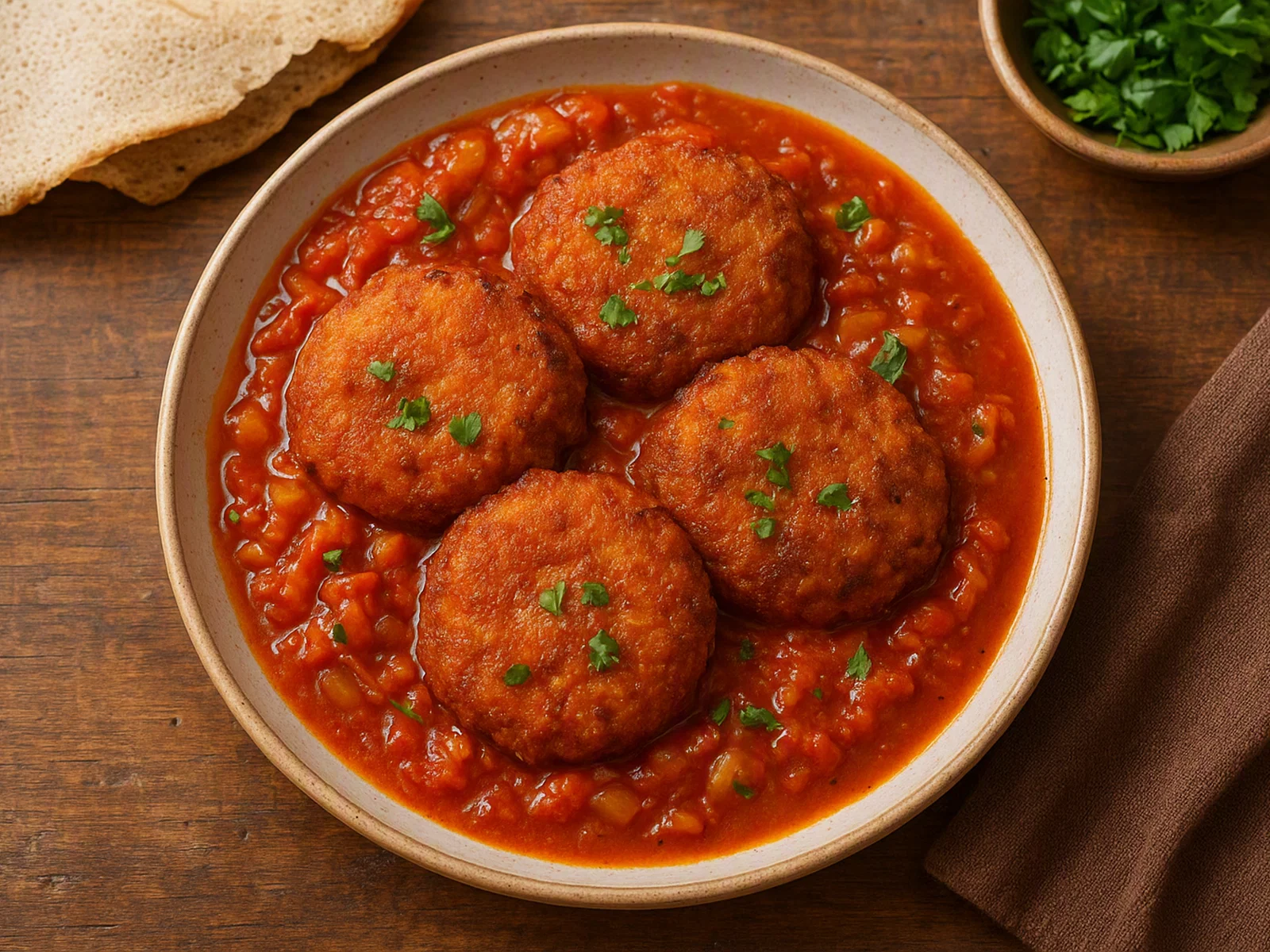 Shimbra Asa – äthiopische Kichererbsenmehl-Küchlein in würziger Tomaten-Zwiebel-Soße