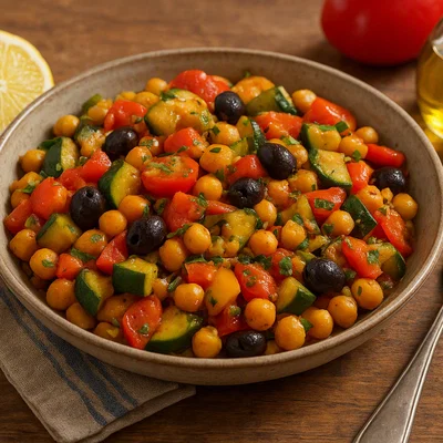 Mediterrane Lupinenpfanne mit Zucchini, Paprika und Oliven