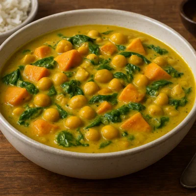 Lupinen-Curry mit Kokosmilch, Süßkartoffel und Spinat