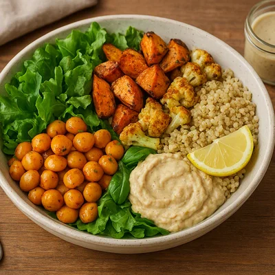 Bunte Buddha-Bowl mit marinierten Lupinen und Ofengemüse