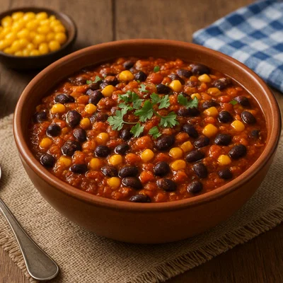 Lupinen-Chili sin Carne mit Mais und schwarzen Bohnen