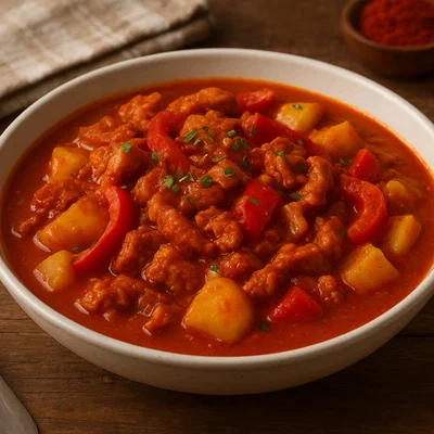Lupinen-Gulasch mit Paprika und Kartoffeln