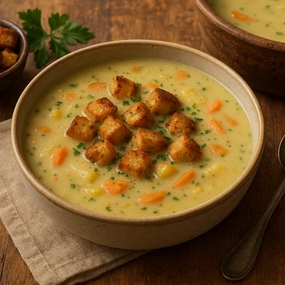 Cremige Lupinensuppe mit Wurzelgemüse und knusprigen Croutons
