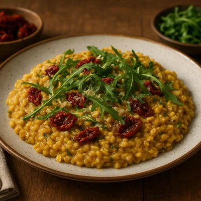 Lupinenrisotto mit getrockneten Tomaten und Rucola