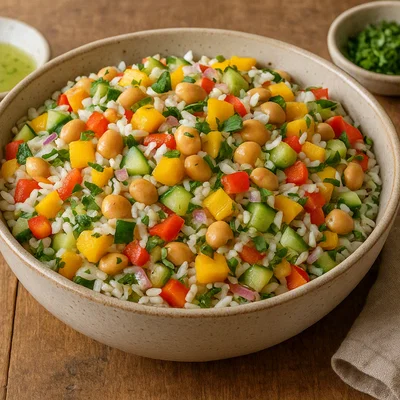 Bunter Reissalat mit Lupinen, Mango und Limetten-Dressing