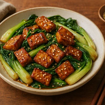 Lupinen-Tempeh aus der Pfanne mit Sesam und Pak Choi