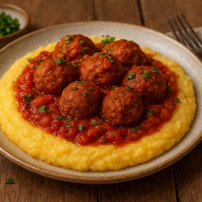 Vegane Lupinenbällchen in Tomatensauce mit cremiger Polenta
