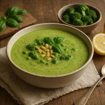 Cremige italienische Sopa Verde mit Erbsen, Brokkoli und Basilikum