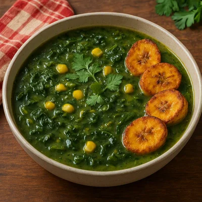 Sopa Verde Criolla mit gerösteter Kochbanane und Mais