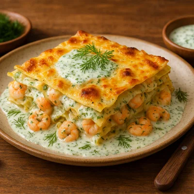 Knoblauch-Garnelen-Lasagne mit Dill-Joghurt-Béchamelsauce