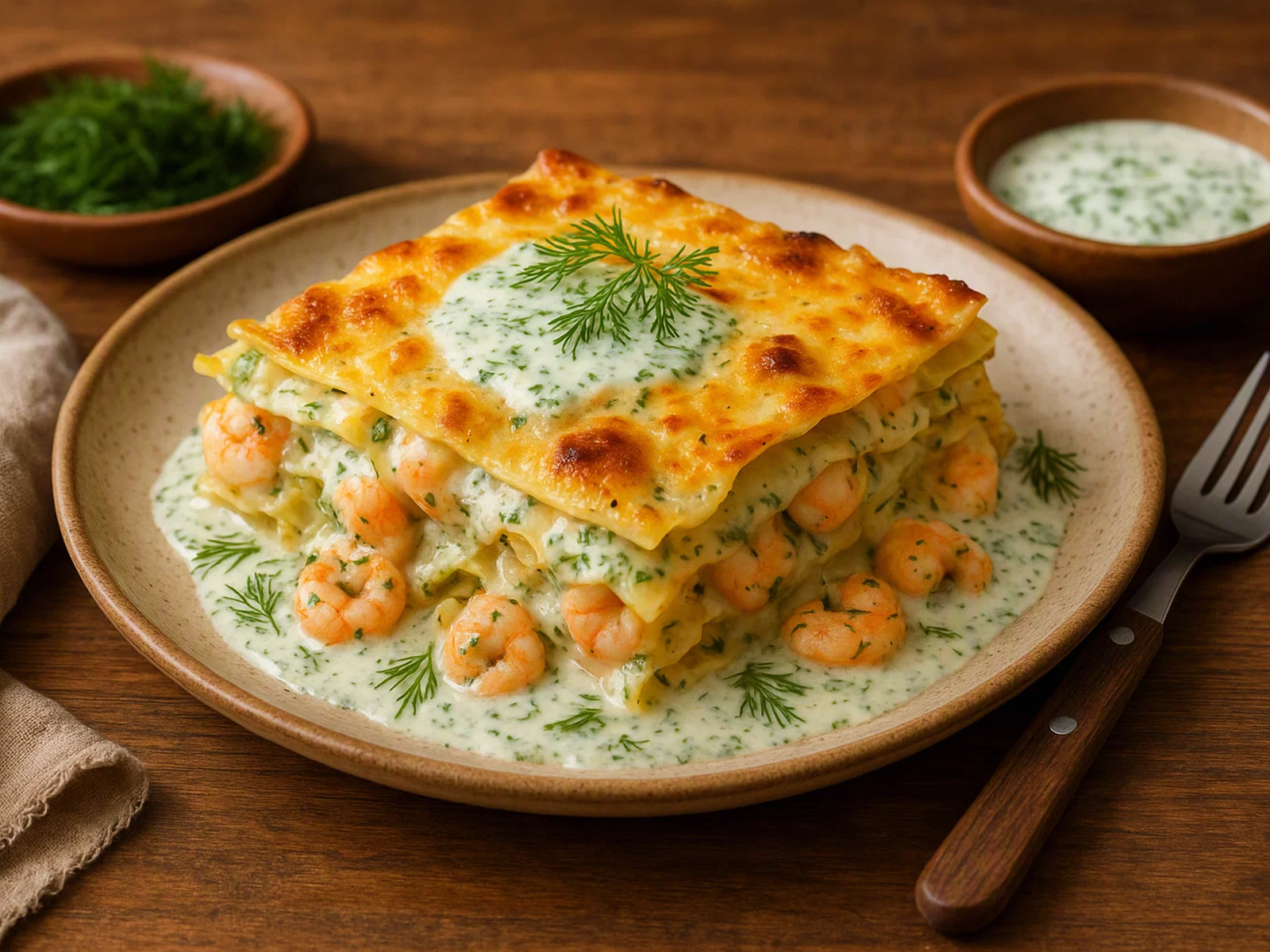 Knoblauch-Garnelen-Lasagne mit Dill-Joghurt-Béchamelsauce