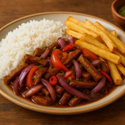Veganes Lomo Saltado mit Seitan, Pommes und Reis