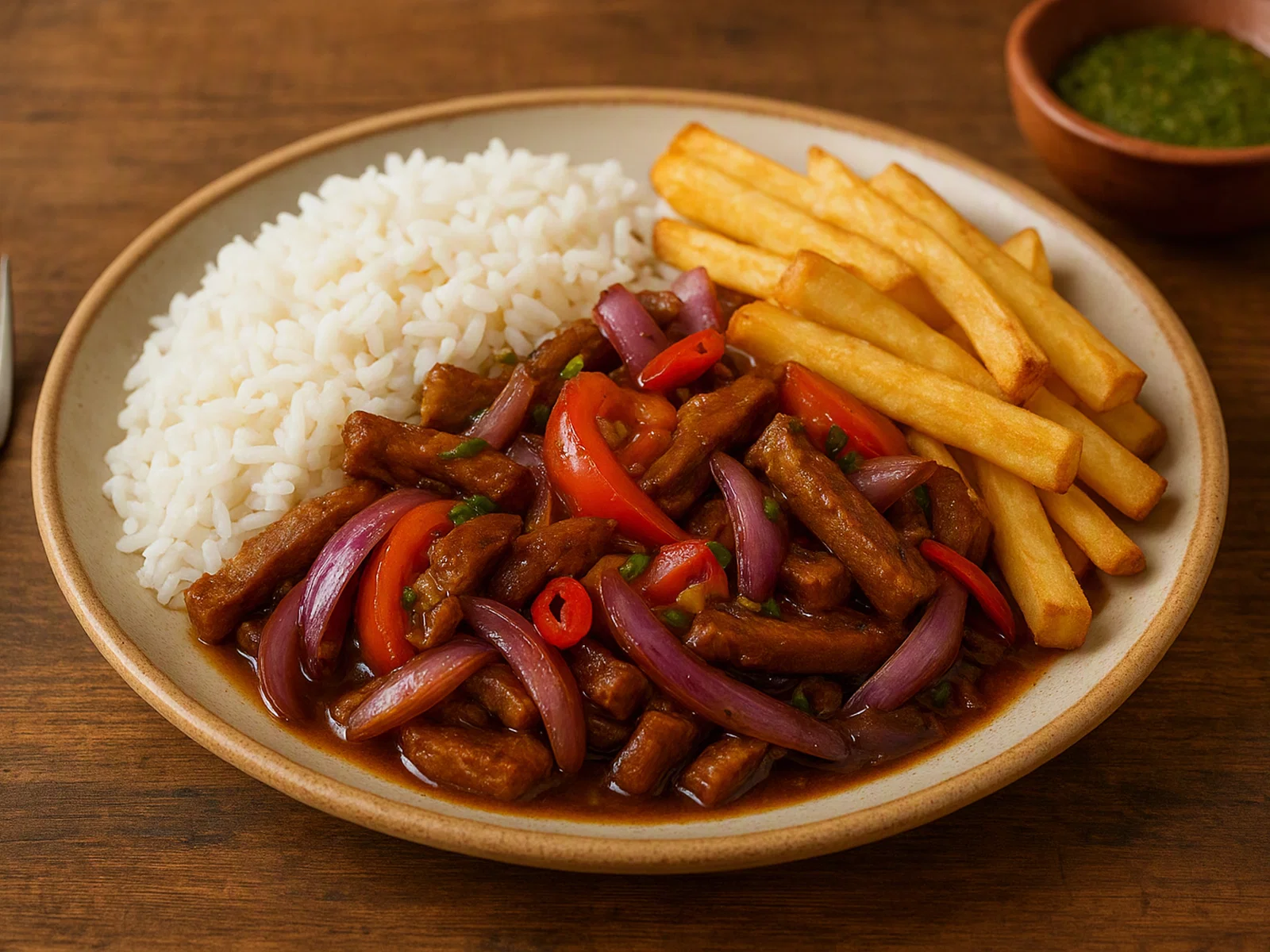 Veganes Lomo Saltado mit Seitan, Pommes und Reis