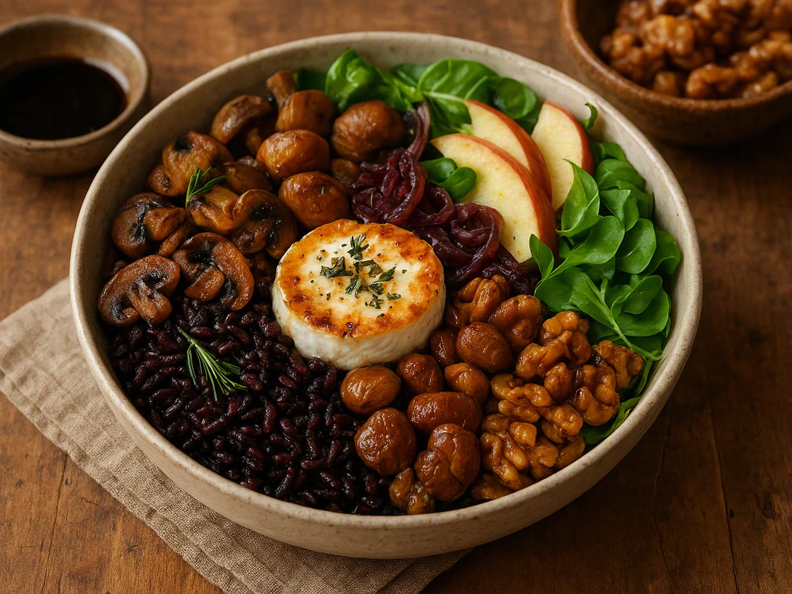 Herbstliche Schwarzer-Reis-Bowl mit Pilzen, Maronen und warmem Ziegenkäse