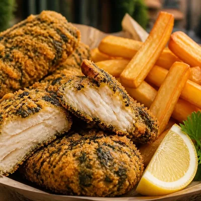 Vegane „Fish & Chips“ mit Nori-Kruste, Airfryer-Pommes und Malt-Vinegar-Salz