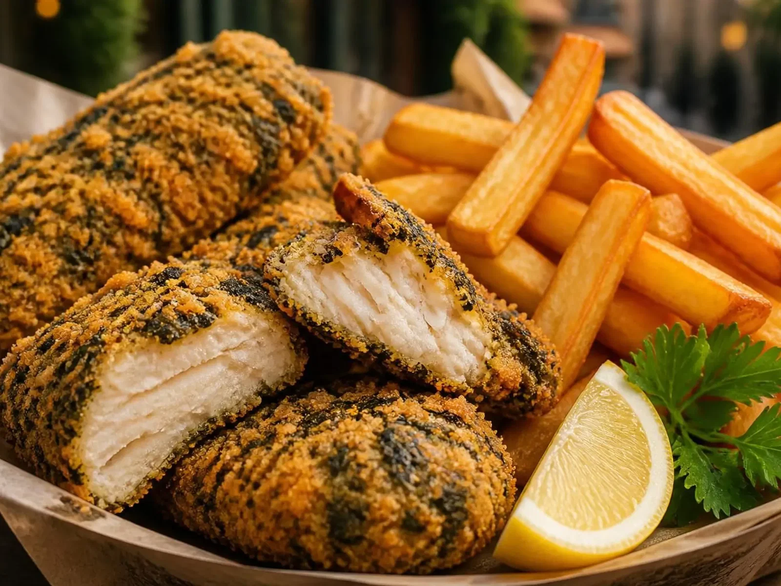 Vegane „Fish & Chips“ mit Nori-Kruste, Airfryer-Pommes und Malt-Vinegar-Salz